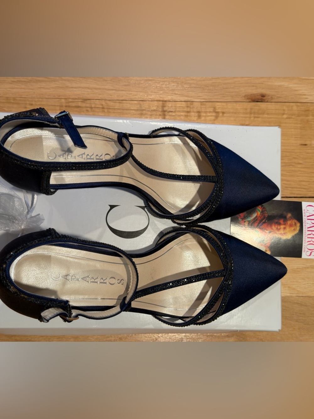 Caparros Navy Satin Pointed-Toe Strappy Heels. Size 8.5
